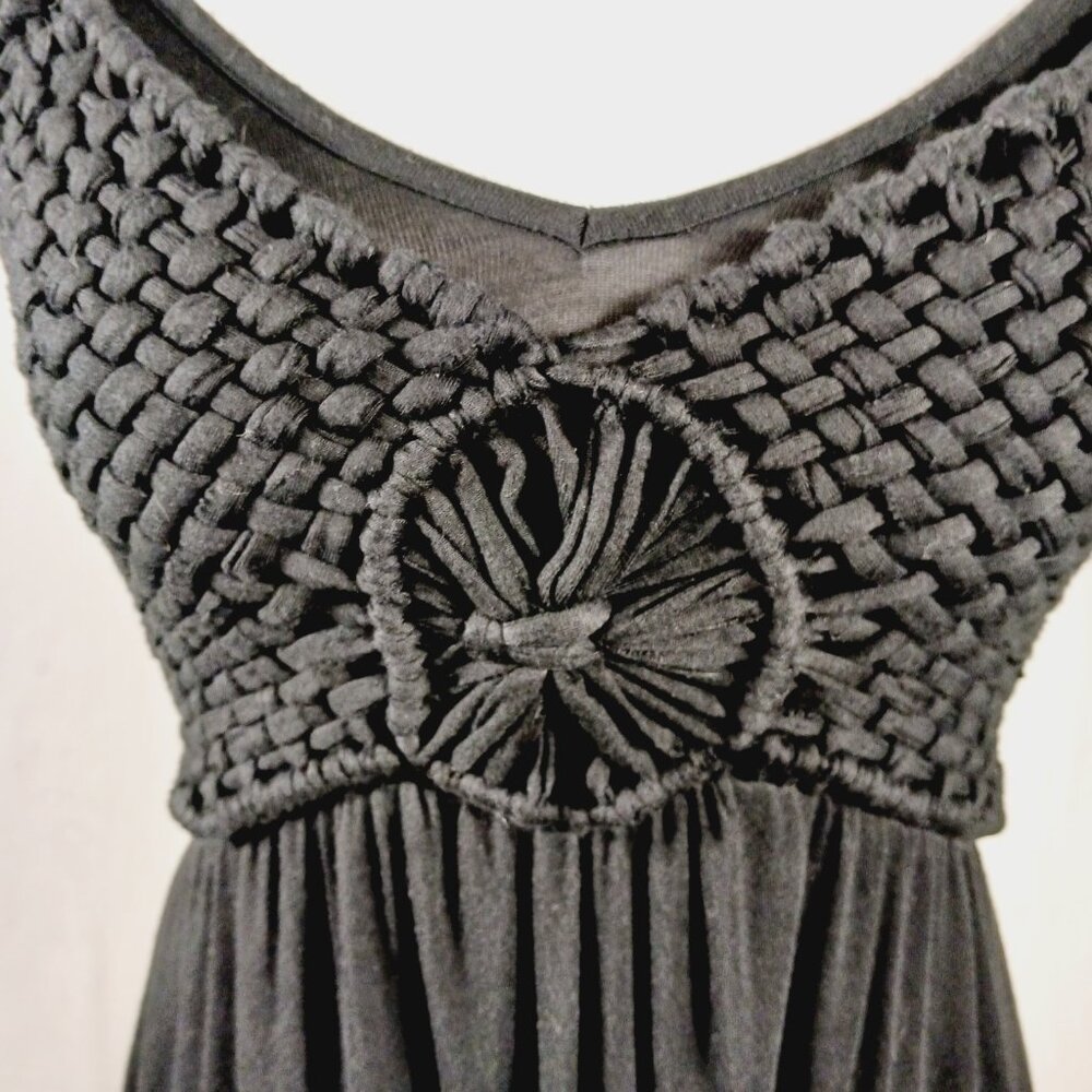 Soma, Black Maxi Halter Dress, Crochet Bodice, Smocked Back, Super Soft, XS Boho - Picture 7 of 12